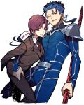  1boy 1girl 88_taho arm_around_waist armor bazett_fraga_mcremitz beads blue_hair bodysuit brown_hair collared_shirt cu_chulainn_(fate)_(all) earrings fate/hollow_ataraxia fate_(series) floating_hair formal gae_bolg_(fate) grin hair_beads hair_ornament holding holding_polearm holding_weapon jacket jewelry lancer long_hair long_sleeves looking_at_viewer muscular muscular_male necktie one_eye_closed pants pauldrons polearm ponytail purple_hair red_eyes shirt short_hair shoulder_armor simple_background skin_tight smile spiked_hair suit twitter_username weapon white_background 