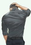  1boy arm_behind_head ass back bara black_hair black_pants black_shirt from_behind hand_on_own_head highres koji_(wildlhz) male_focus original pants realistic shirt short_hair sleeves_rolled_up solo toned toned_male veins white_background 