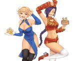  2girls arm_up bangs bare_shoulders black_legwear blonde_hair blue_dress boku_no_hero_academia breasts chikujouin_magane china_dress chinese_clothes cleavage cleavage_cutout clothing_cutout commentary crop_top crossover detached_sleeves double_bun dress earrings eyebrows_visible_through_hair food hair_over_one_eye half-closed_eye hand_up heart_cutout high_heels holding holding_plate jewelry large_breasts long_hair looking_at_viewer messy_hair multiple_girls navel open_mouth pelvic_curtain plate purple_hair re:creators red_footwear red_shorts ring sharp_teeth short_shorts shorts simple_background sleeveless sleeveless_dress smile standing standing_on_one_leg stormzero teeth thighhighs thighs toga_himiko trait_connection white_background white_legwear yellow_eyes 