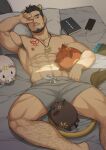  1boy abs absurdres alca animal_ears armpit_hair bara beard biceps black_hair book boxers chest_tattoo commission drooling facial_hair feet_out_of_frame grey_male_underwear grey_shorts hand_on_own_face highres jewelry koji_(wildlhz) large_pectorals leg_hair lion_boy lion_ears lion_tail lying male_focus male_underwear mature_male muscular muscular_male navel navel_hair necklace nipples on_back on_bed original phone pig pillow red_eyes shirtless short_hair shorts solo spread_legs stomach sunlight tail tattoo thick_eyebrows thick_thighs thighs toy underwear 