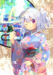  1girl ;) ahoge aiko_yakumo animal animal_on_hand bangs blue_kimono blurry blurry_background breasts bug butterfly butterfly_on_finger cloud_hair_ornament commentary_request depth_of_field egasumi eyebrows_visible_through_hair floral_print hair_between_eyes hair_ornament hand_up indie_virtual_youtuber insect japanese_clothes kimono kouu_hiyoyo lightning_bolt lightning_bolt_hair_ornament long_sleeves looking_at_viewer medium_breasts obi one_eye_closed ponytail print_kimono purple_eyes round_window sash silver_hair sleeves_past_wrists smile solo torii virtual_youtuber wide_sleeves window 