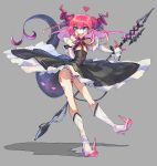  1girl :d absurdres black_dress blue_eyes boots closed_eyes detached_sleeves dragon_girl dragon_horns dragon_tail dress earrings elizabeth_bathory_(fate) elizabeth_bathory_(fate)_(all) eyebrows_visible_through_hair fang fate/extra fate/extra_ccc fate_(series) flat_chest floating_hair full_body grey_background hair_ribbon hand_up heart high_heel_boots high_heels highres holding holding_spear holding_weapon horns jewelry knee_boots large_tail long_hair long_sleeves looking_at_viewer nichi_(hibi_suimin) open_mouth outstretched_arm panties pink_hair pointy_ears polearm purple_horns purple_ribbon ribbon sarkany_csont_landzsa shadow simple_background skin_fang skinny smile solo spear striped striped_panties tail underwear weapon white_footwear 