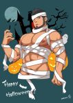  1boy abs bandages bara bare_pecs beard black_hair castle cropped_legs facial_hair full_moon ghost groin halloween halloween_costume happy_halloween highres jack-o&#039;-lantern koji_(wildlhz) large_pectorals male_focus male_pubic_hair mature_male moon muscular muscular_male naked_bandage navel nipples original penis penis_peek pubic_hair short_hair solo spiked_hair stomach 