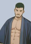  1boy abs absurdres bara bare_pecs beard black_hair blue_kimono expressionless facial_hair highres japanese_clothes kimono koji_(wildlhz) large_pectorals male_focus mature_male mole muscular muscular_male naked_kimono navel navel_hair nipples open_clothes open_kimono original short_hair solo stomach undercut upper_body 