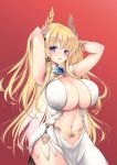  1girl absurdres arms_behind_head azur_lane blonde_hair blue_eyes blue_flower breasts center_opening china_dress chinese_clothes cleavage clothing_cutout dress eyebrows_visible_through_hair flower gold_trim hair_ornament hands_in_hair highres huge_breasts laurel_crown long_hair looking_at_viewer official_alternate_costume pelvic_curtain raranokusu red_background simple_background sleeveless sleeveless_dress solo stomach_cutout victorious_(azur_lane) victorious_(guidance_of_the_spring_goddess)_(azur_lane) white_dress white_shawl 