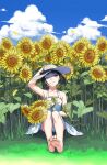  1girl bare_shoulders black_hair brown_hair child cloud cloudy_sky collarbone feet flat_chest floral_background flower full_body hat head_tilt highres koji_(wildlhz) one_eye_closed original short_hair sitting sky soles solo sunflower white_headwear wind 