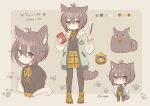  1girl :o animal animal_ear_fluff animal_ears aruya_(flosrota) black_legwear black_shirt brown_background character_name chibi closed_mouth collared_shirt color_guide dress_shirt food grey_jacket holding holding_food hood hood_down hooded_jacket jacket long_sleeves multiple_views off_shoulder open_clothes open_jacket original pantyhose parted_lips plaid plaid_footwear plaid_skirt pocky shirt skirt sleeves_past_wrists tail yellow_footwear yellow_skirt 