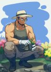  1boy apron bara bare_arms bare_shoulders beard black-framed_eyewear dirty dirty_clothes facial_hair field flower flower_field full_body gloves grey_apron hat highres koji_(wildlhz) large_pectorals male_focus mature_male muscular muscular_male original plant potted_plant short_hair sidepec smile solo squatting white_gloves white_headwear 