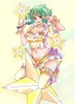  1girl camisole detached_sleeves frilled_camisole frilled_legwear green_hair macross macross_frontier microphone midriff puffy_short_sleeves puffy_sleeves ranka_lee red_eyes ribbon seikan_hikou short_hair short_sleeves smile solo star_(symbol) straddling tamakoshi_horiyuki thighhighs wrist_ribbon 