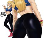  1girl =_= abs absurdres alternate_costume ass black_legwear blue_tank_top blush bracelet breasts clenched_teeth echo_saber grin highres jewelry large_breasts leggings metroid multiple_views ponytail red_footwear rubber_band samus_aran shiny shiny_clothes shoes smile sneakers tank_top teeth v 