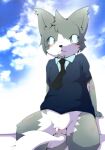  2011 blue_eyes bottomless canid canine canis clothed clothing cloud domestic_dog looking_at_viewer lothing male mammal okunawa sitting sky solo 