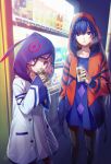  2girls bangs blue_eyes blue_hair bottle braid can dated earrings feet_out_of_frame glowing hand_in_pocket hands_up highres holding holding_can hood hood_up hooded_jacket jacket jewelry kaf kamitsubaki_studio kouno47 long_sleeves looking_at_viewer multicolored multicolored_eyes multiple_girls pink_hair rime signature vending_machine virtual_kaf 