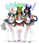  3boys :d absurdres animal_ears aoi_(lightsource) apron black_footwear blue_dress blush bright_pupils bunny_ears cat_boy cat_ears cat_tail character_request crossdressing cup dress drinking_straw english_commentary english_text fang full_body green_hair hair_ornament highres holding holding_tray lightsource long_hair looking_at_viewer maid maid_apron maid_headdress male_focus multiple_boys murasaki_(lightsource) open_mouth orange_eyes original otoko_no_ko pink_eyes red_dress red_eyes simple_background slit_pupils smile standing tail thighhighs tray white_apron white_background white_hair white_legwear white_pupils 