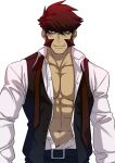  1boy abs bara bare_pecs belt black_belt black_vest collared_shirt fangs formal glasses green_eyes highres kekkai_sensen klaus_von_reinhertz koji_(wildlhz) large_pectorals male_cleavage male_focus mature_male muscular muscular_male navel navel_hair nipples open_clothes open_shirt red_hair rimless_eyewear shirt short_hair sideburns solo stomach upper_body vest white_shirt 