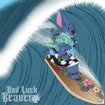  1:1 2021 3_toes 4_arms 4_fingers alien aloha_shirt anthro anthrofied badluckbeaver blue_body blue_fur blue_nose bottomwear clothing disney experiment_(lilo_and_stitch) feet fingers fur hi_res lilo_and_stitch male multi_arm multi_limb open_mouth open_smile pattern_clothing pattern_shirt pattern_topwear sea shirt shorts slightly_chubby smile solo stitch_(lilo_and_stitch) surfboard surfing swimming_trunks swimwear toes topwear vehicle water watercraft wave 