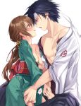  1boy 1girl black_hair blush breast_grab breasts brown_hair censored collarbone eiyuu_densetsu erection eye_contact face-to-face fingering grabbing green_eyes green_kimono hair_ornament hajimari_no_kiseki hakuleg handjob headband hetero japanese_clothes kimono large_penis looking_at_another low_ponytail mosaic_censoring mutual_masturbation nipples obi off_shoulder open_clothes open_kimono open_mouth penis purple_eyes pussy_juice rean_schwarzer sash sen_no_kiseki side-by-side simple_background small_breasts star_(symbol) star_hair_ornament towa_herschel white_background 