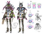  blue_eyes clenched_hands concept_art gunblade helmet hero-san_to_moto_onna_kanbu-san highres holding holding_weapon multiple_views official_art power_armor re:boot_rabbit sketch somechime_(sometime1209) tokusatsu transformation visor weapon white_background 