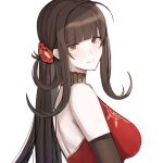  1girl a_iri_a back black_gloves breasts brown_eyes brown_hair china_dress chinese_clothes closed_mouth dress dsr-50_(girls_frontline) elbow_gloves eyebrows_visible_through_hair flower girls_frontline gloves hair_flower hair_ornament highres long_hair looking_at_viewer red_dress smile solo_focus white_background 