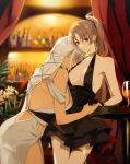  2girls alcohol amazuki_jou azur_lane backless_dress backless_outfit bangs bar bare_shoulders beer bottle breasts brown_hair choker cleavage cocktail_dress cup dress drinking_glass earrings evening_gown gloves hair_between_eyes highres indoors jean_bart_(azur_lane) jewelry long_hair massachusetts_(azur_lane) multiple_girls ponytail red_eyes very_long_hair wine 