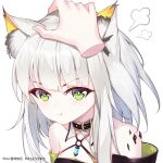  1girl :t animal_ear_fluff animal_ears arknights bangs bare_shoulders blunt_bangs blush cat_girl chinese_commentary closed_mouth collar commentary_request disembodied_limb eyebrows_visible_through_hair ge_zhong_kuaile green_eyes kal&#039;tsit_(arknights) long_hair lynx_ears o-ring oripathy_lesion_(arknights) petting pixiv_id pout silver_hair simple_background solo_focus upper_body v-shaped_eyebrows white_background 
