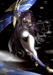  1girl armor artist_name bikini bikini_armor bikini_bottom black_bikini breasts cropped earrings fate/grand_order fate_(series) floating_hair high_heels highres holding hoop_earrings ishtar_(fate) ishtar_(fate)_(all) jewelry kneehighs long_hair midriff navel red_eyes single_kneehigh small_breasts solo sorrowny space swimsuit very_long_hair 