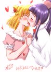  2girls asahina_mirai blonde_hair breasts closed_eyes floating_heart french_kiss heart izayoi_liko kamirenjaku_sanpei kiss long_hair looking_at_another mahou_girls_precure! medium_breasts multiple_girls open_mouth pink_background pink_eyes ponytail precure purple_hair short_hair wife_and_wife yuri 