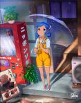  1girl absurdres alexi_ansell bangs blue_eyes blue_hair building dated double_bun highres holding holding_umbrella huge_filesize leaf original overall_shorts overalls pink_footwear plant shadow shirt shoes short_sleeves signature solo standing transparent transparent_umbrella umbrella vending_machine white_shirt wide_shot yellow_overalls 