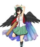  1girl abyss_arts arm_cannon arm_over_head atom bird_wings black_hair black_legwear black_wings blouse bow breasts brown_eyes cape collared_blouse control_rod frilled_skirt frills green_bow green_skirt hair_bow highres kneehighs large_breasts long_hair multicolored_hair red_hair reiuji_utsuho simple_background skirt sleeveless sleeveless_blouse solo standing standing_on_one_leg starry_sky_print third_eye touhou weapon white_background white_blouse wings 