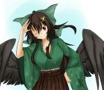  1girl abyss_arts alternate_costume bird_wings black_wings blue_background bow brown_hair brown_skirt cowboy_shot floral_print green_bow green_kimono hair_bow hair_ornament hairclip hand_on_hip highres japanese_clothes kimono long_hair looking_at_viewer one_eye_closed ponytail radiation_symbol red_eyes reiuji_utsuho ribbon salute simple_background skirt smile solo third_eye touhou white_background wings 