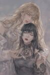  2girls black_dress black_hair blonde_hair blue_eyes dress final_fantasy final_fantasy_xiv fork gaia_(ff14) grey_background hair_ribbon head_tilt highres looking_at_viewer multiple_girls origami parted_lips red_lips ribbon ryne sukiri upper_body white_dress 