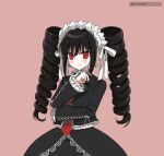  1girl 3tn_63 bangs black_hair black_jacket black_nails black_skirt blush_stickers bonnet celestia_ludenberg closed_mouth cowboy_shot danganronpa:_trigger_happy_havoc danganronpa_(series) drill_hair earrings eyebrows_visible_through_hair frills gothic_lolita hair_between_eyes hand_up jacket jewelry lace-trimmed_skirt lace_trim layered_skirt lolita_fashion long_hair long_sleeves looking_at_viewer neck_ribbon necktie pink_background print_neckwear red_eyes red_neckwear ribbon simple_background skirt smile solo translation_request twin_drills twintails 