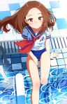  1girl absurdres blue_sailor_collar blue_swimsuit brown_eyes brown_hair commentary dunggeul_dunggeul forehead highres karakai_jouzu_no_takagi-san long_hair looking_at_viewer neckerchief pool pool_ladder poolside red_neckwear sailor_collar school_swimsuit school_uniform see-through serafuku shirt sitting soaking_feet solo swimsuit swimsuit_under_clothes takagi-san water wet wet_clothes wet_shirt 