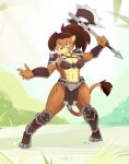  abs anthro armor axe bikini_armor blue_eyes boots bronx23 brown_hair claw_marks clothing felid female footwear gauntlets gloves hair handwear hi_res lion mammal melee_weapon muscular muscular_anthro muscular_female pantherine ponytail sashura_bloodfang scar solo weapon zinnick 