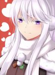 1girl azur_lane blush closed_mouth coat enterprise_(azur_lane) enterprise_(reindeer_master)_(azur_lane) eternity_(shadeh) eyebrows_visible_through_hair heart heart_background long_hair looking_at_viewer purple_eyes scarf silver_hair smile solo_focus white_hair white_scarf 