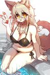  2021 5_fingers anthro belly big_breasts bikini blush breasts canid canine chest_tuft claws cleavage clothed clothing cute_fangs eyebrow_through_hair eyebrows female fingers fur gesture grey_hair hair hi_res kemono long_hair looking_at_viewer mammal multicolored_body multicolored_fur multicolored_hair navel nipple_outline onikuman open_mouth open_smile partially_submerged pawpads sitting slightly_chubby smile solo swimwear tan_body tan_fur tan_nose tongue translucent translucent_hair tuft v_sign water wet wet_body white_body white_fur white_hair yellow_eyes 