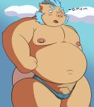 2021 absurd_res anthro balls belly blue_hair blush brown_body clothing gendomx genitals gouryou hair hi_res male mammal moobs navel nipples outside overweight overweight_anthro overweight_male penis solo suid suina sus_(pig) swimwear tokyo_afterschool_summoners video_games wild_boar 