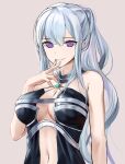  1girl absurdres ak-12_(girls_frontline) bare_shoulders breasts cleavage dress eyebrows_visible_through_hair finger_to_mouth girls_frontline hair_ornament highres jewelry long_hair looking_at_viewer medium_breasts navel necklace purple_eyes rivet_vvrn silver_hair simple_background smile solo 