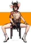  absurd_res anthro antlers big_breasts big_ears blue_eyes bottomwear breasts brown_hair cervid cervine chair clothed clothing combat_gear combat_gloves female furniture gloves gun hair handwear hi_res horn looking_at_viewer mammal mp7 pgm300 ranged_weapon shorts signature simple_background solo spread_legs spreading topless weapon 