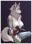  2020 anthro areola armor bag black_areola canid canine canis eye_scar facial_scar female fur hi_res mammal neck_tuft scar simple_background solo topless_female torou tuft watermark wolf yellow_eyes 