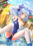  1girl absurdres ahoge arm_behind_head ass azur_lane bangs bare_shoulders blue_footwear blue_hair blue_sky blunt_bangs blush boots bucket cameltoe cloud cloudy_sky commentary_request double_bun fallen_down fence flower hair_bun hand_on_floor hand_up head_tilt heterochromia highres hose innertube leaning_back looking_at_another looking_at_viewer manjuu_(azur_lane) medium_hair nicholas_(azur_lane) nipple_slip nipples off_shoulder outdoors parted_lips red_eyes red_flower school_swimsuit shirt sidelocks sitting sky solo spill spread_legs stone_floor swimsuit thighhighs water wet wet_clothes white_legwear white_shirt wooden_fence yellow_eyes zusshii_(libertasgenesis) 