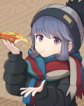  1girl :t arashishi bangs beanie black_jacket blue_hair blush brown_background cheese_trail closed_mouth commentary_request down_jacket eating eyebrows_visible_through_hair food fringe_trim grey_headwear hair_between_eyes hand_up hat highres holding holding_food jacket long_sleeves pizza pizza_slice puffy_long_sleeves puffy_sleeves red_eyes scarf shima_rin solo sparkle translated upper_body yurucamp 