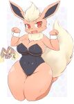  anthro anthrofied big_breasts big_tail biped black_clothing blush bodily_fluids breasts brown_body brown_fur canid canine cleavage clothed clothing curvy_figure drooling duo eeveelution female flareon fluffy fluffy_tail flustered fur glistening glistening_clothing head_tuft hi_res kemono kneeling leotard long_ears looking_at_viewer lopunny mammal multicolored_body multicolored_fur navel neck_tuft nintendo open_mouth orange_body orange_eyes orange_fur paw_pose pok&eacute;mon pok&eacute;mon_(species) pok&eacute;morph pose saliva shirt_cuffs simple_background skimpy solo_focus tan_body tan_fur thick_thighs tuft two_tone_body two_tone_fur varnish_(artist) video_games voluptuous wide_hips 