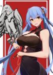  1girl ? azur_lane bangs bird black_dress blue_hair breasts brown_eyes double_bun dress eagle essex_(azur_lane) essex_(brush_and_ink)_(azur_lane) eyebrows_visible_through_hair hair_ribbon highres long_hair looking_at_viewer marshall_k medium_breasts official_alternate_costume open_mouth ribbon simple_background solo 
