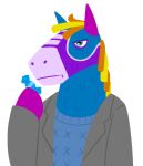  alpha_channel animate_inanimate anthro blonde_hair blue_clothing blue_sweater blue_topwear bojack_horseman bojack_horseman_(character) brown_coat candy clothing depression dessert food frown green_eyes hair horsemanoftheapocalypse horstachio living_pi&ntilde;ata male multicolored_body netflix pi&ntilde;ata rareware solo sweater topwear video_games viva_pi&ntilde;ata 