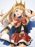  1girl blonde_hair blue_eyes blush book cagliostro_(granblue_fantasy) cape crown granblue_fantasy hairband long_hair looking_at_viewer murata_tefu open_mouth simple_background skirt smile solo white_background 