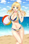  1girl ball beach beachball blonde_hair blue_eyes breasts cleavage flower hachimiya_meguru hair_flower hair_ornament highres idolmaster idolmaster_shiny_colors looking_at_viewer sand shira_hon 