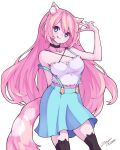  1girl :q animal_ears black_choker blue_eyes blue_skirt cat_ears choker closed_mouth commentary_request commission copyright_request hand_up heterochromia highres long_hair looking_at_viewer pink_hair purple_eyes scarlet_zel skirt smile solo suspenders tongue tongue_out v 
