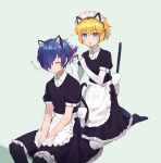  1boy 1girl aegis_(persona) alternate_costume android animal_ears apron bangs blonde_hair blue_eyes blue_hair byoru cat_ears cat_tail closed_eyes closed_mouth collared_shirt enmaided eyebrows_visible_through_hair fake_animal_ears fake_tail frilled_hairband frills grey_background hair_between_eyes hair_over_one_eye hair_ribbon hairband highres maid maid_apron maid_headdress parted_lips persona persona_3 ribbon shiny shiny_hair shirt short_hair short_sleeves sidelocks sitting skirt sleeping sleeping_upright tail thighhighs translation_request waist_apron yuuki_makoto 