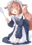  1girl :d ^_^ absurdres animal_ear_fluff animal_ears apron brown_hair closed_eyes dog_ears dog_girl dog_tail dress duster fang full_body highres long_sleeves maid maid_apron maid_headdress manabe_mana open_mouth original sketch skin_fang smile tail 