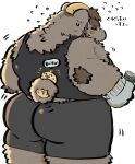  2021 absurd_res anthro armor big_butt blush bodily_fluids bottomwear brown_body brown_fur buta5kawa butt clothing fur group hard_hat headgear helmet hi_res kemono male mammal overweight overweight_male shirt shorts sweat tight_clothing topwear ursid 